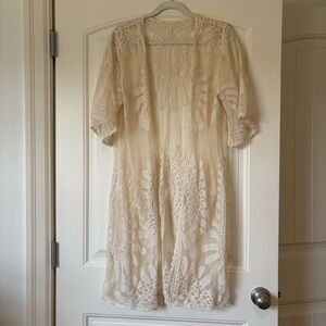 Boho Lace Kimono Cardigan Sheer Cream Embroidered Duster Cover